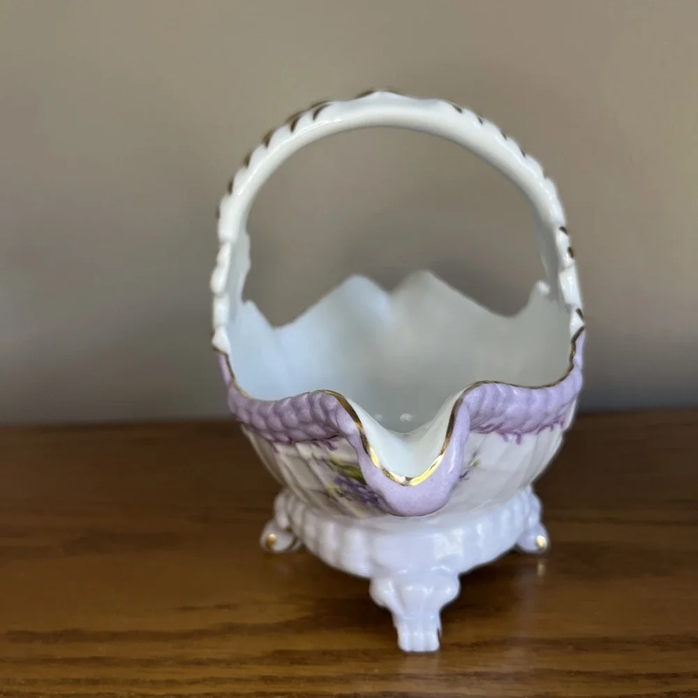 Vintage Cracker Barrel Footed Porcelain Basket Violets 10K Gold Trim Cottagecore